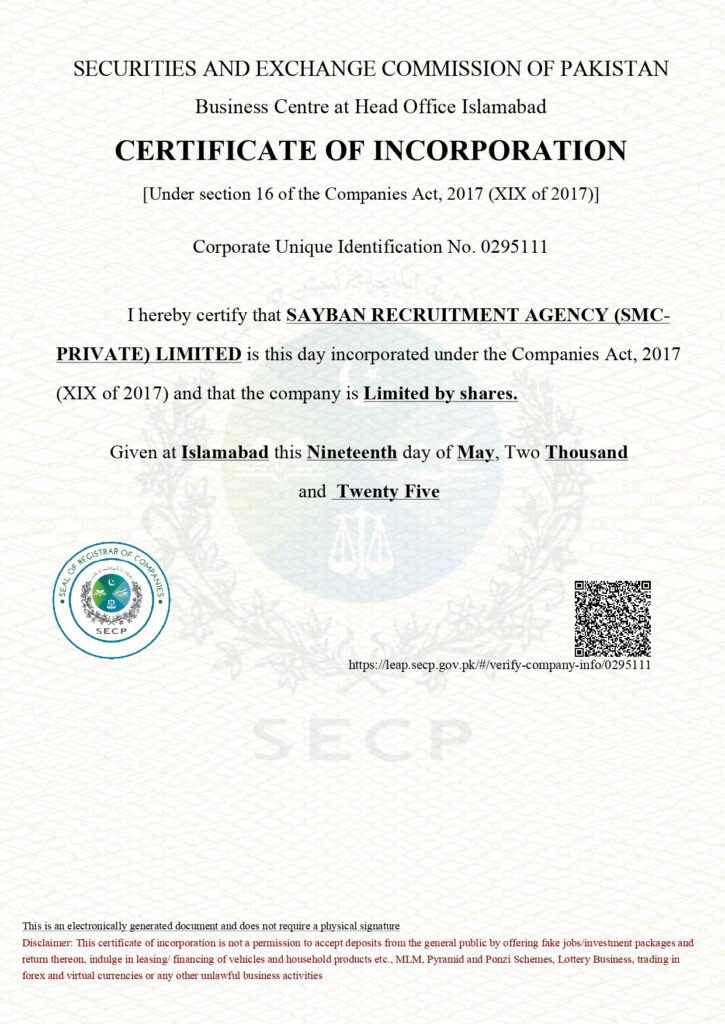 Incorporation Letter by Security and exchange commission of pakistan
